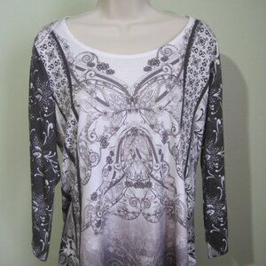 Live And Let Live Long Sleeve Shirt, Women's Size M, White Black, Paisley Print